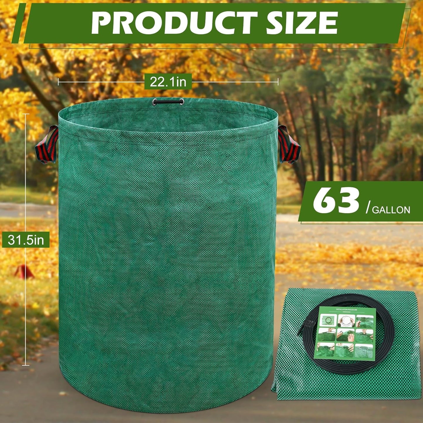 63 Gallons Lawn and Leaf Bags,Reusable Yard Waste Bags with Gardening Gloves,Heavy Duty Garden Bags with 4 Handles for Lawn Care, Camping & Recycling(3 Pack）