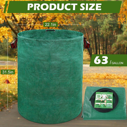 63 Gallons Lawn and Leaf Bags,Reusable Yard Waste Bags with Gardening Gloves,Heavy Duty Garden Bags with 4 Handles for Lawn Care, Camping & Recycling(3 Pack）