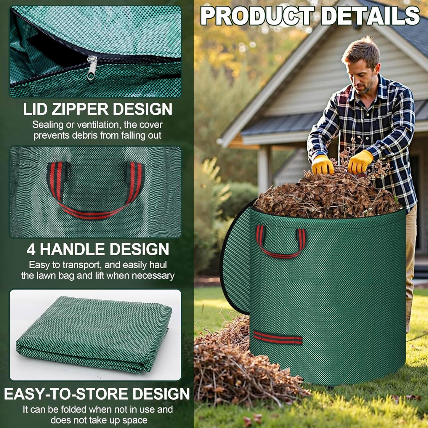Reusable Yard Waste Bags with Lid, 2 Pack 72 Gallon Lawn and Leaf Garden Bags Heavy Duty with 4 Handles, Collapsible Garden Waste Container for Collecting Indoor Outdoor Debris Leaves Grass Clippings