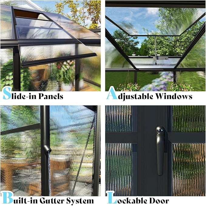 AMERLIFE 8x18x7FT Polycarbonate Greenhouse, Walk in Greenhouse with Quick-Connect System, Green House with 4 Windows and Swing Lockable Door, Greenhouses for Outdoors, Sunroom Black
