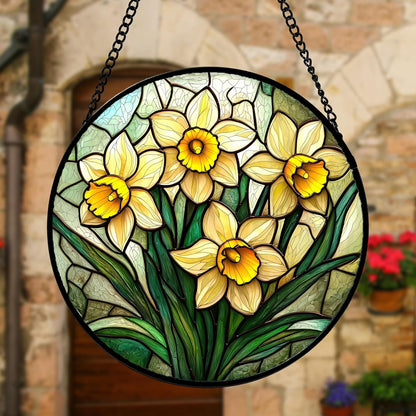 Stained Glass Window Hanging, Daffodil Plant Flowers Sun Catchers Diamond Glass Panel Hangings Suncatcher Decor for Birthday for Women, Men, Wife, Aunt, and Mom 6.3 in