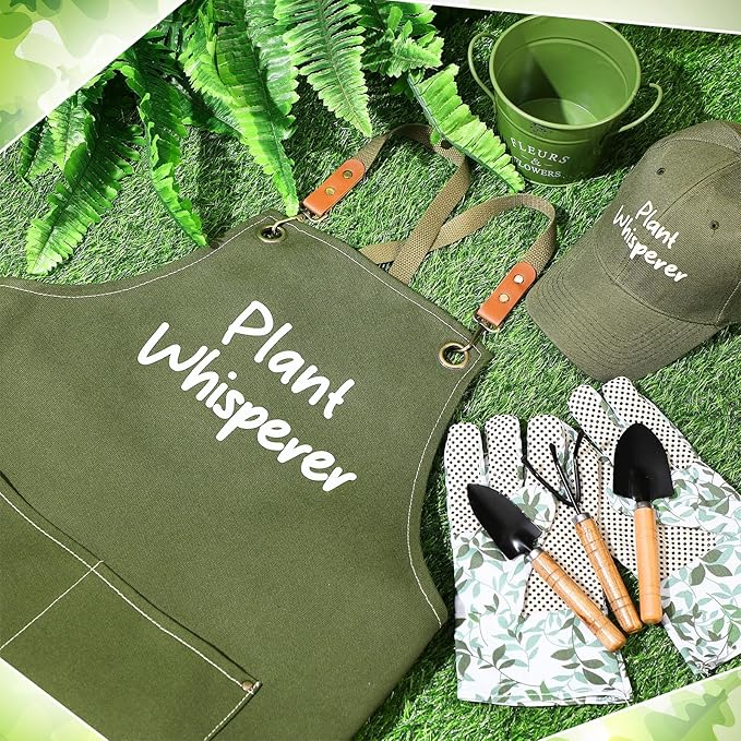 Tarpop Green Garden Tool Set Plant Whisperer Gardening Gifts for Women, 7 Piece Vegetable Planting Tool Kit with Cap Canvas Apron Green Leaf Gloves Soil Scoop Transplant Trowel Cultivator Flower Tub