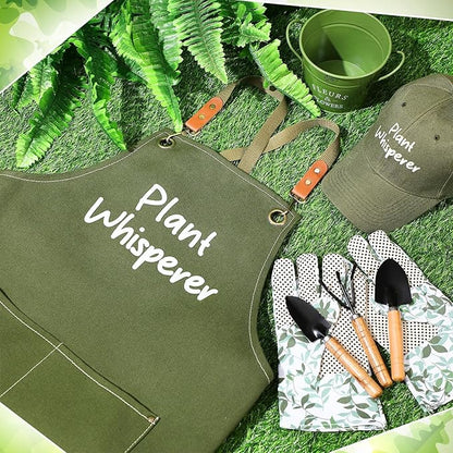 Tarpop Green Garden Tool Set Plant Whisperer Gardening Gifts for Women, 7 Piece Vegetable Planting Tool Kit with Cap Canvas Apron Green Leaf Gloves Soil Scoop Transplant Trowel Cultivator Flower Tub