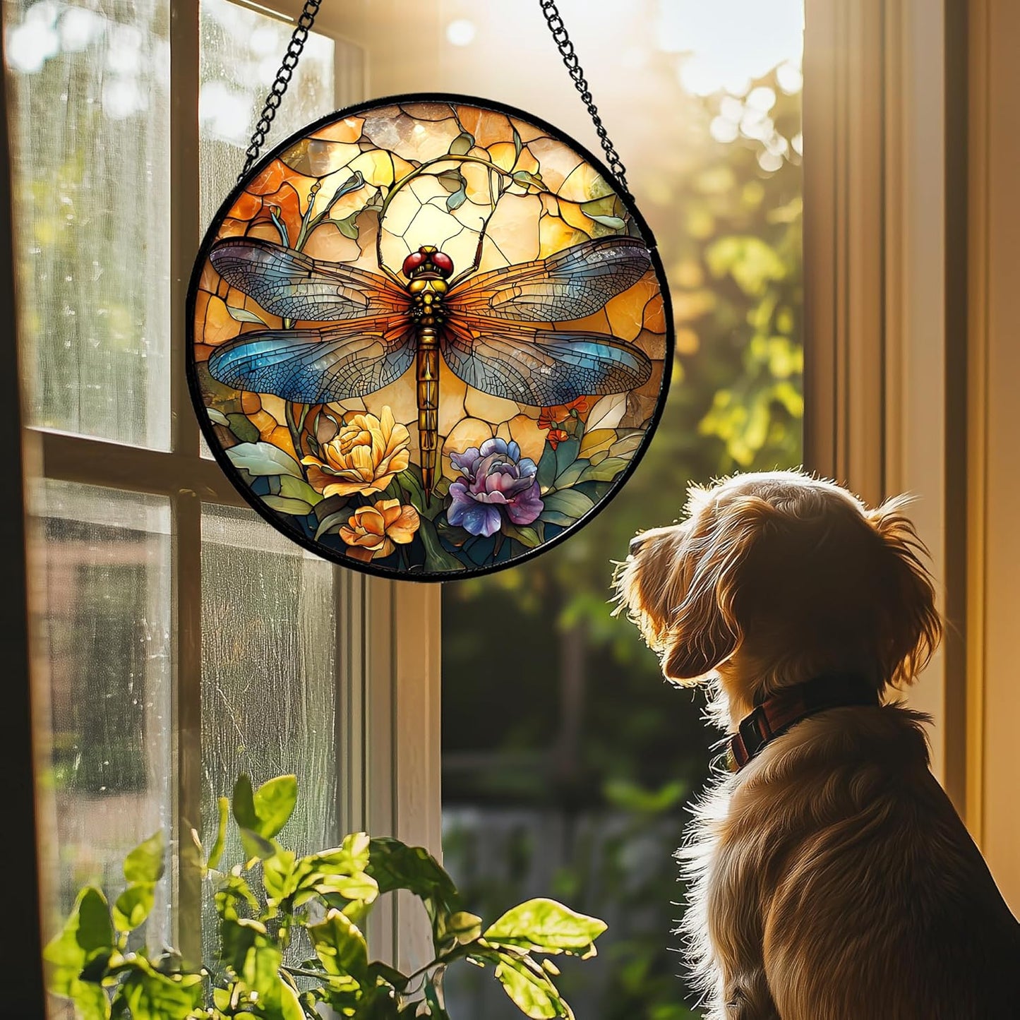 Stained Glass Window Hanging - Orange Blue Dragonfly Flower Suncatcher for Doors Window Home Sun Catchers Decor Christmas Mother's Day Birthday Outdoor Gifts for Women Men Mom Nana 14.9 in