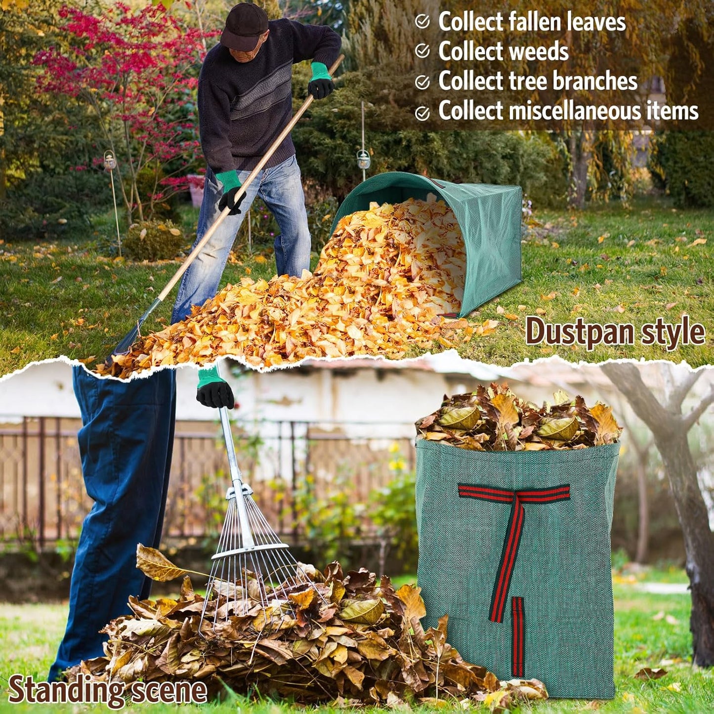 Berlune 4 Pack 72 Gallon Garden Bags for Debris Extra Large Dustpan-type Lawn Yard Waste Bags with 2 Pairs Gardening Gloves Reusable Heavy Duty Lawn and Leaf Bag for Parties, Laundry, Camping