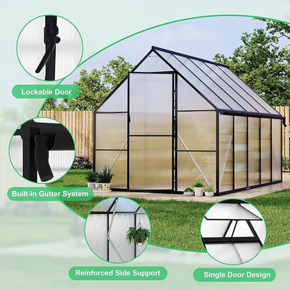 8'x10' Aluminum-Framed Polycarbonate Greenhouse, Heavy Duty Polycarbonate Greenhouse with Quick Setup Structure and Roof Vent, Large Enhanced Aluminum GreenhouseKit for Outdoors
