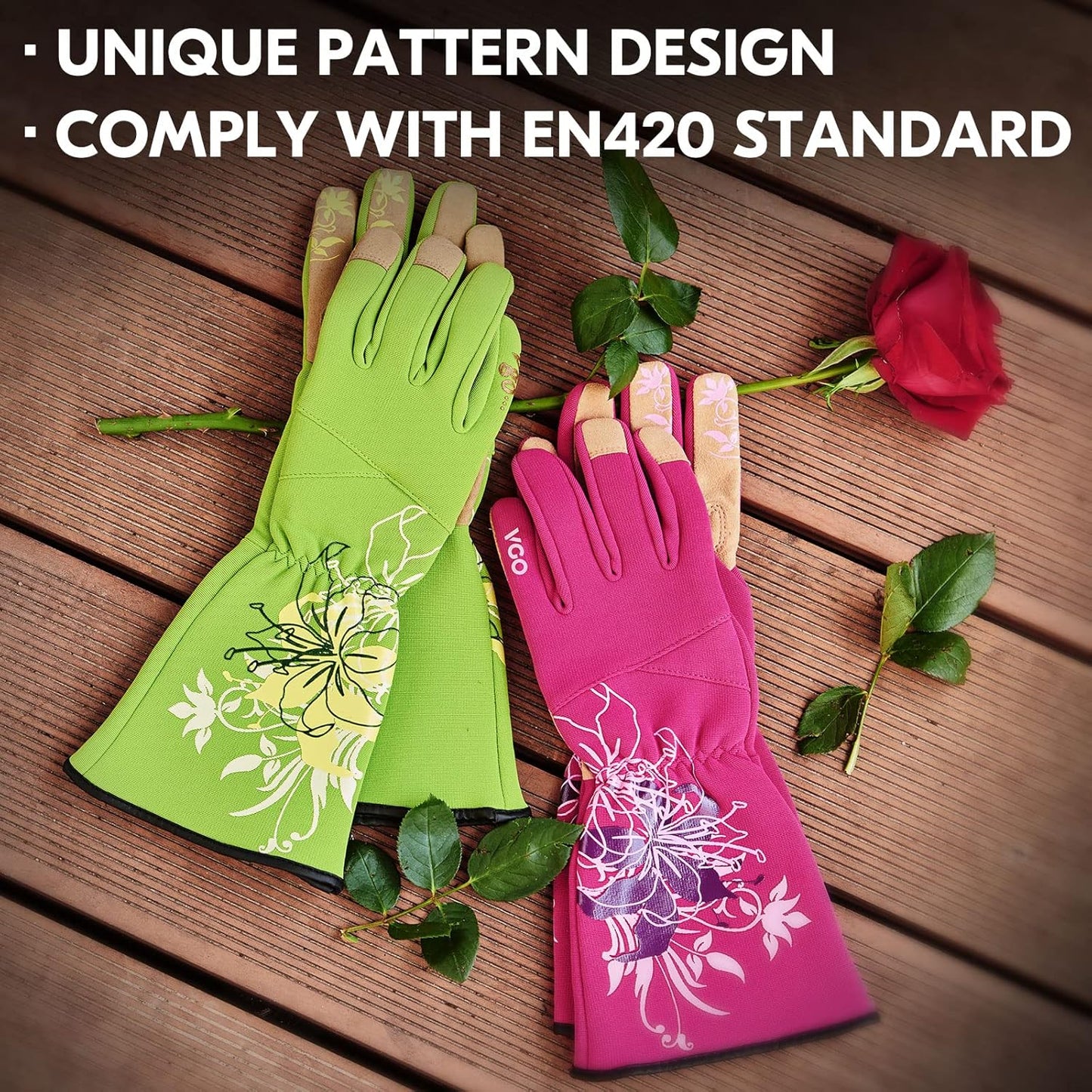 Vgo 1-Pair Ladies' Synthetic Leather Gardening Gloves, Long Sleeves Gauntlet, Breathable & Grip Work Gloves, High Dexterity, Washable (Size L, Red, SL7445)