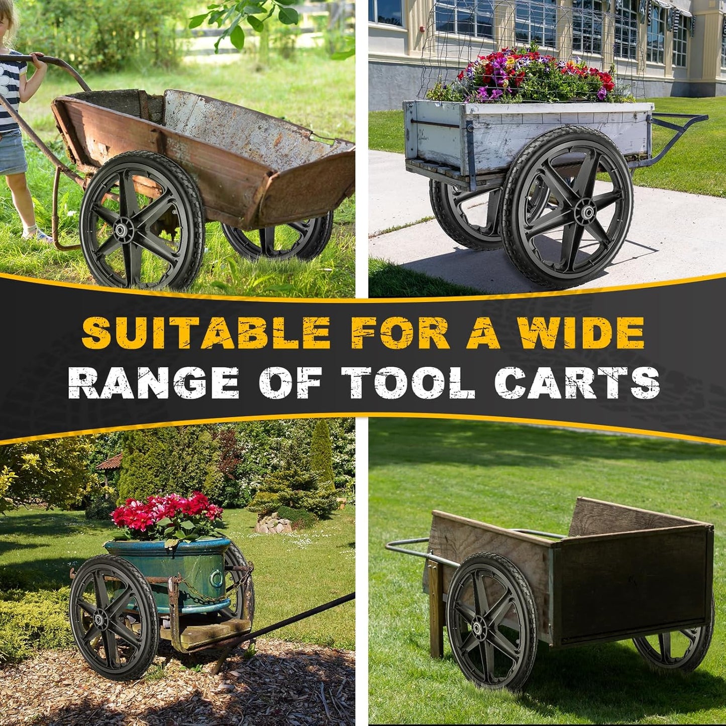 20x1.95" Rim Flat Free Cart Tire Assembly for Rubbermaid Garden Yard Cart, Garden Cart Wheels 20 inch with 5/8" Bearing Replacement for Wheelbarrow, Garden Trailers, Roofing Equipment by AZUNYYDS