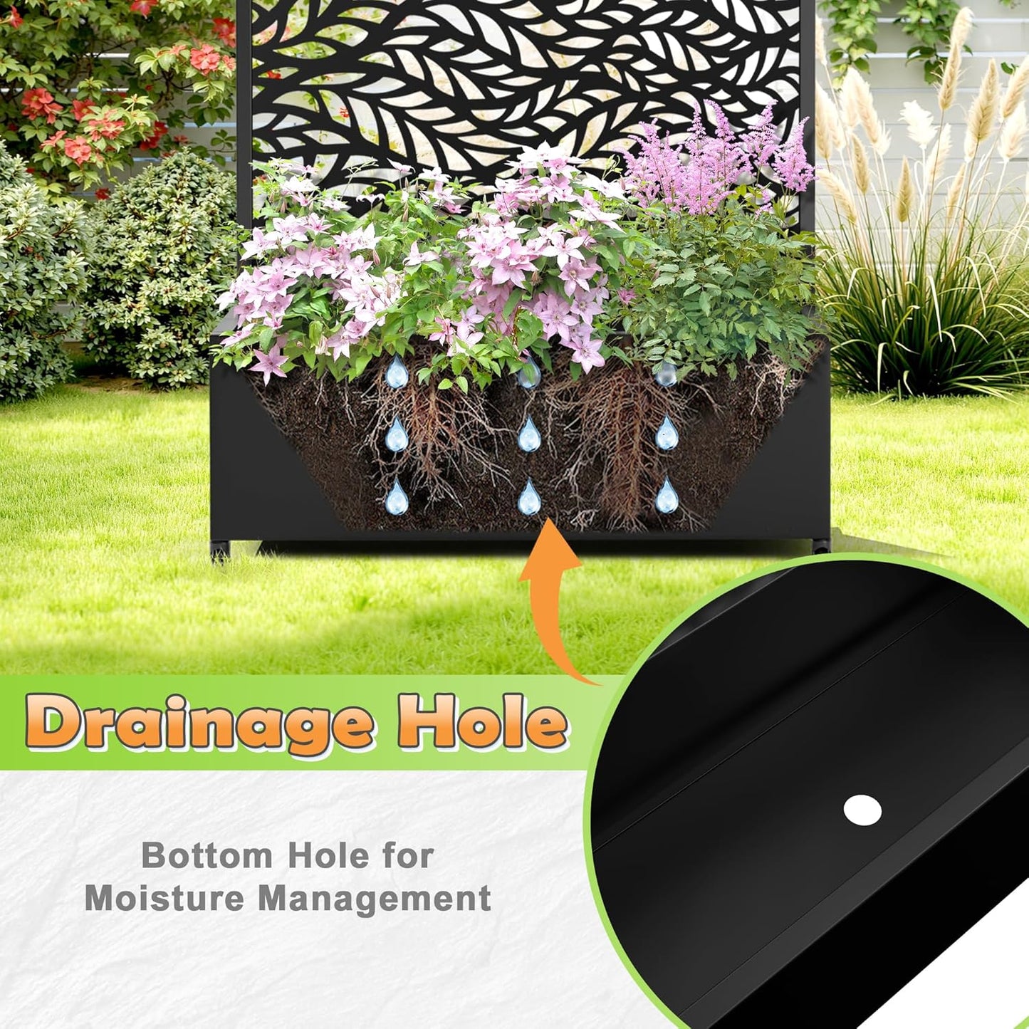 Metal Raised Garden Bed with Trellis, 2-in-1 Planter Box & Privacy Screen for Climbing Plants, Outdoor Standing Flower Bed with Drainage Holes, 35.4" L x 15.7" W x 70.1" H, Black-Spring