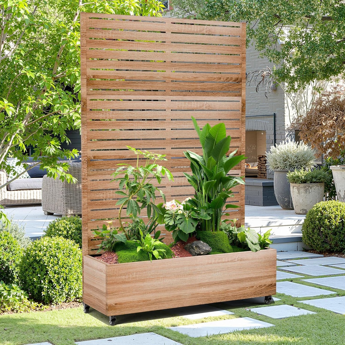 15.7"×70.9"×47.2" Metal Raised Garden Bed with Trellis and Wheels - Tall Trellis Planter Box for Climbing Plants, Vegetables & Vines - Outdoor Privacy Planters for Patio (Cut Oak Grain)