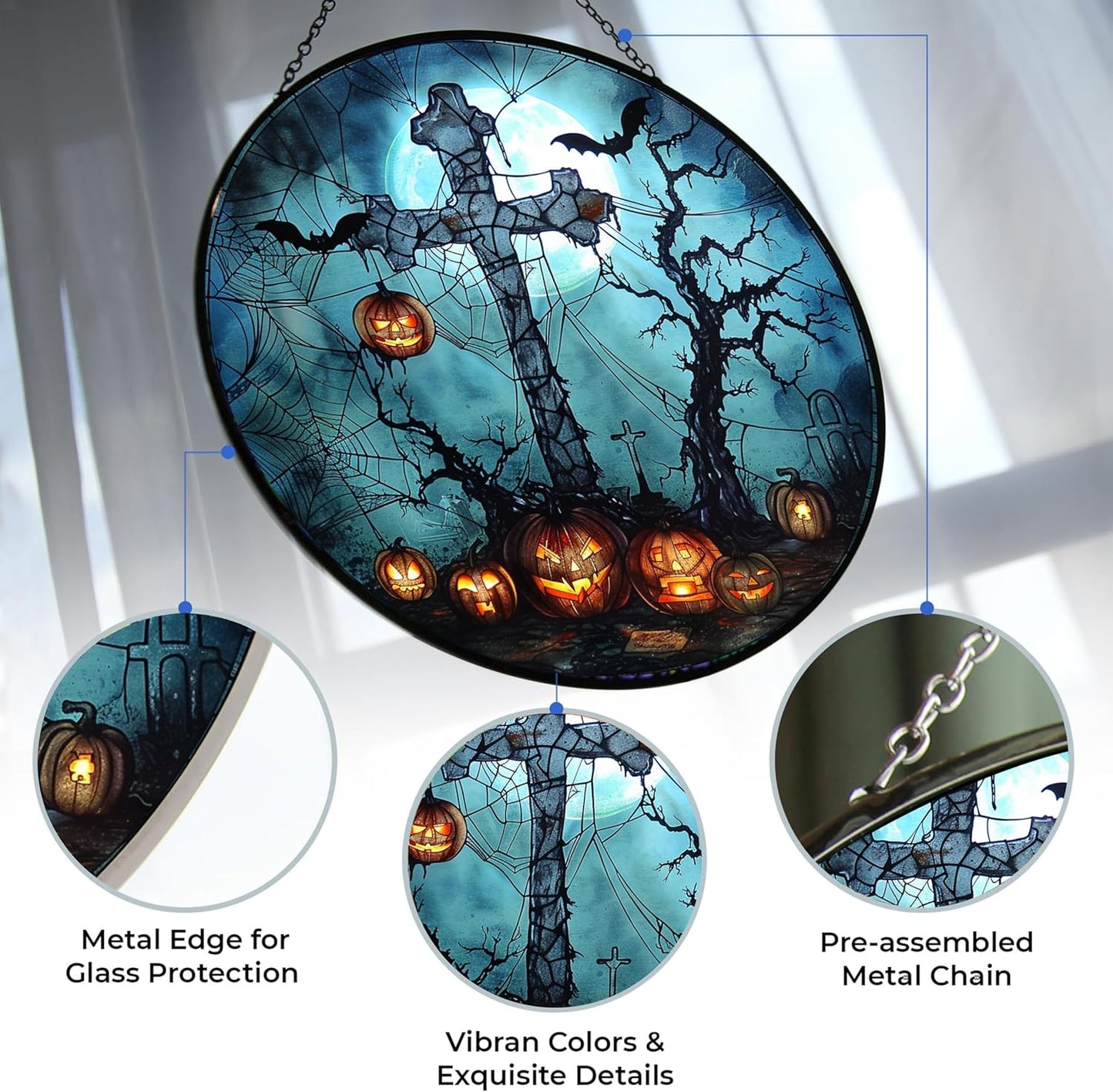 Halloween Crow Cross Suncatcher Stained Glass Window Hanging Handmade Stained Glass Suncatchers Decoration Metal Chain Outdoor Garden Decor Gift for Women Christmas Thanksgiving Gifts