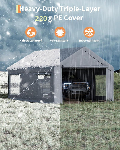 GarveeLife 13x20 ft Carport with 8 Sandbags, Car Port with 220 g PE Tarp, 2 Roll-Up Doors, and 4 Windows, for Full-Size Pickups, Bass Boats, Tractors, and SUVs, Gray