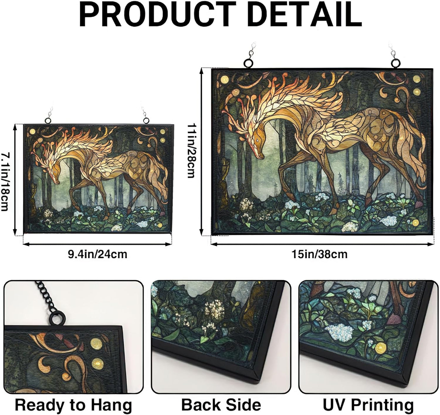 Rectangle Art Nouveau Glade Kirin Stained Glass Sun Catcher Mountain Stained Glass Window Hanging, Suncatchers Lavender Wall Decor, for Women/Friends/Lover