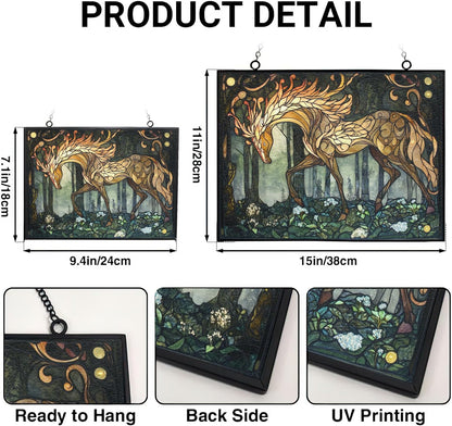 Rectangle Art Nouveau Glade Kirin Stained Glass Sun Catcher Mountain Stained Glass Window Hanging, Suncatchers Lavender Wall Decor, for Women/Friends/Lover