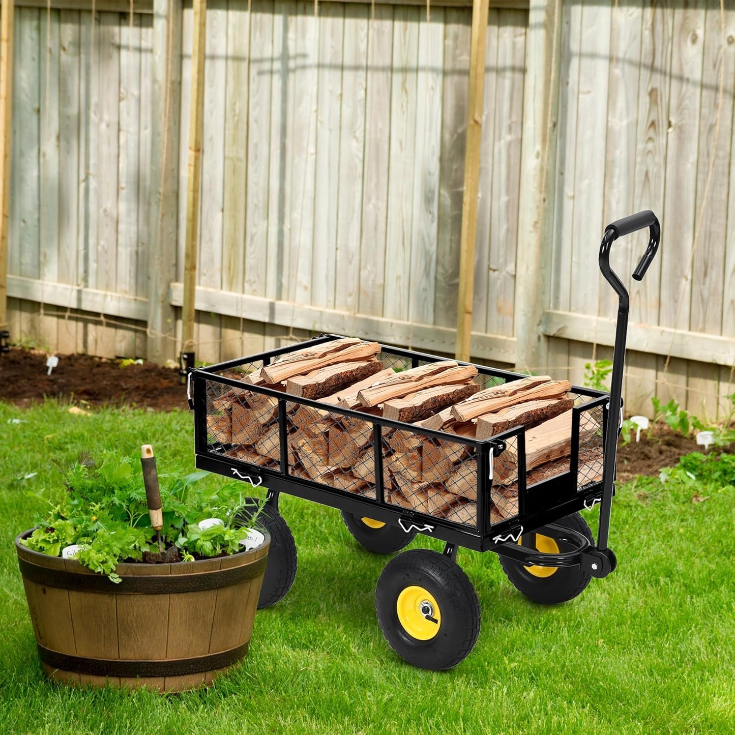 Heavy Duty Garden Cart On Wheels - 550LBS Metal Wagon with 10" Pneumatic Wheels, 180° Rotating Handle & Removable Sides - All-Terrain Yard Wagon for Farm, Beach & Outdoor Use