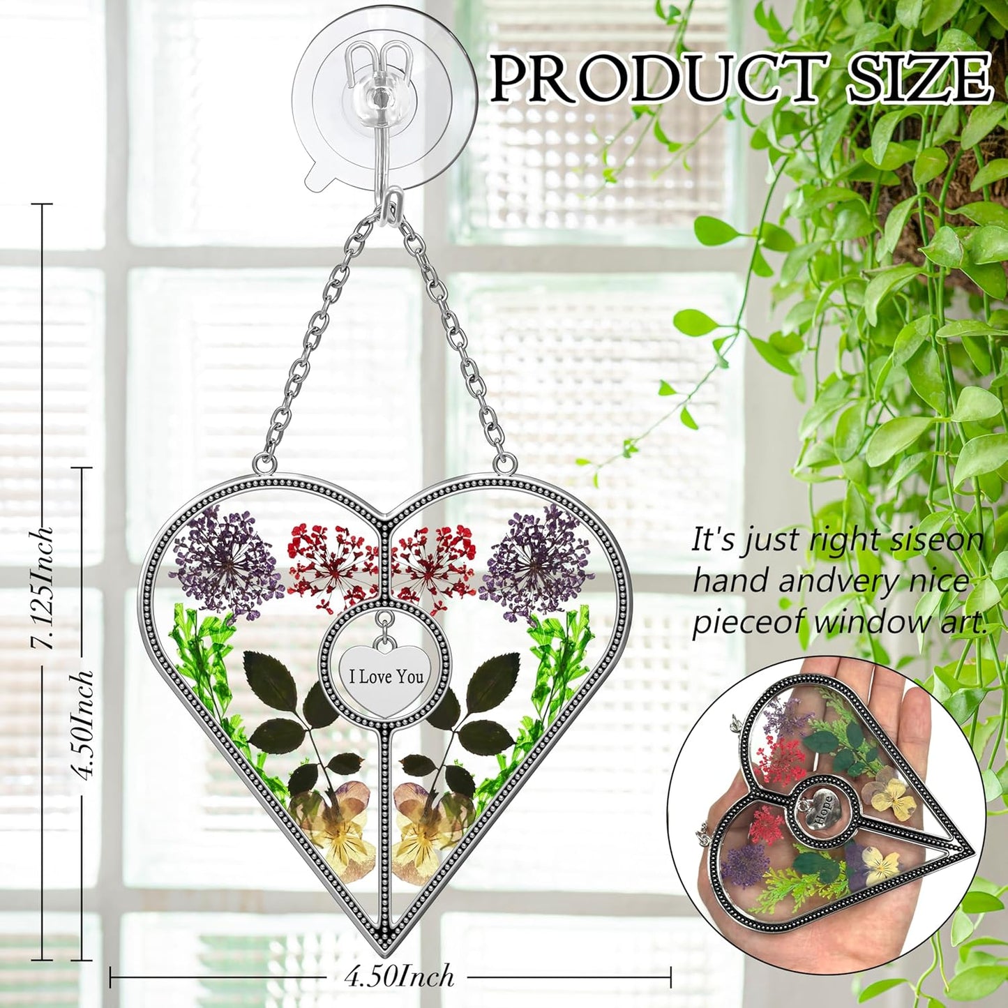 KY&BOSAM Heart Suncatcher Mom Gifts Stained Glass Panels for Windows Hangings Wind Chime with Pressed Flower and Metal I Love You Heart Charm Windows Indoor Trees Wedding Party Home Decoration