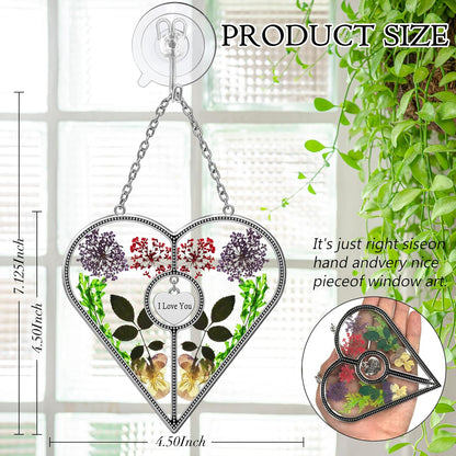 KY&BOSAM Heart Suncatcher Mom Gifts Stained Glass Panels for Windows Hangings Wind Chime with Pressed Flower and Metal I Love You Heart Charm Windows Indoor Trees Wedding Party Home Decoration
