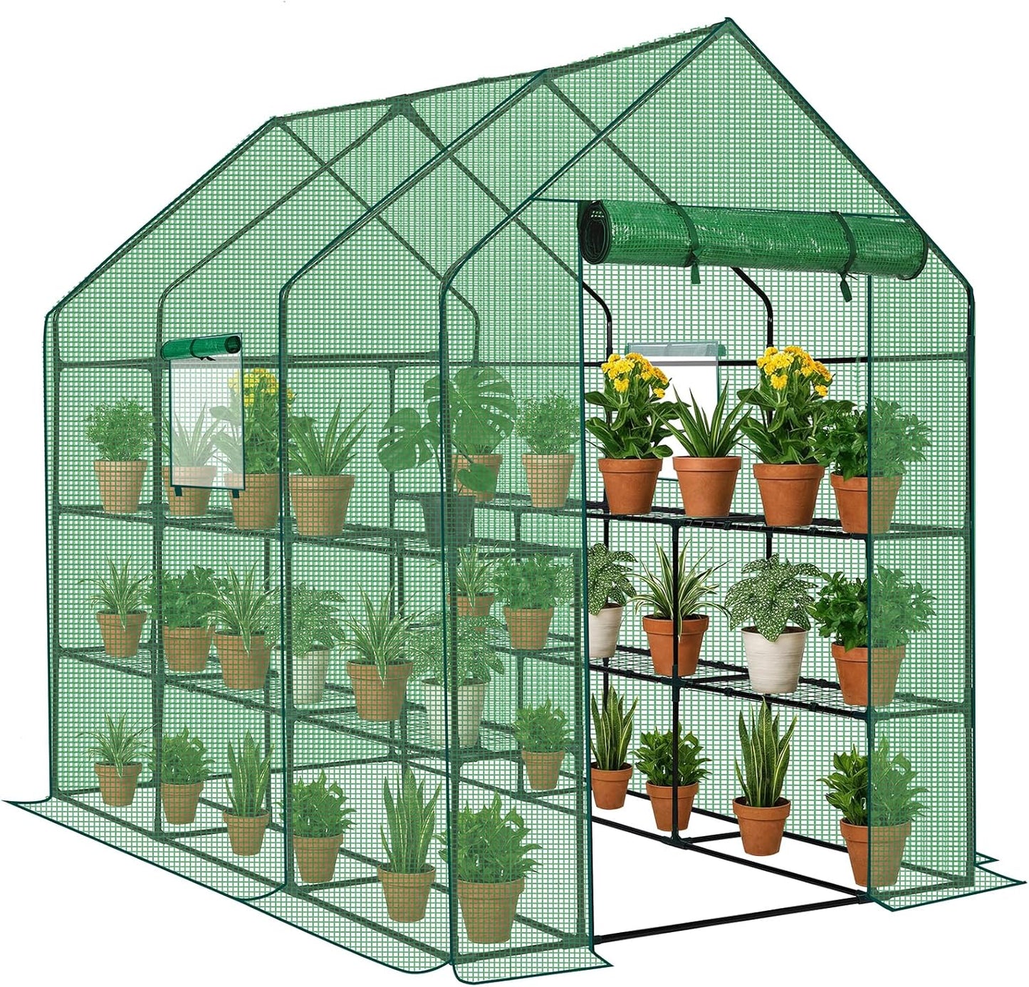 Outvita Walk-in Greenhouse, Outdoor Durable PE Plant Green House for Frost Protection with 3 Tiers 12 Shelves, Shelf Clips, Roll-up Zipper Door, 56"x85"x77" Green