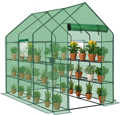Outvita Walk-in Greenhouse, Outdoor Durable PE Plant Green House for Frost Protection with 3 Tiers 12 Shelves, Shelf Clips, Roll-up Zipper Door, 56"x85"x77" Green