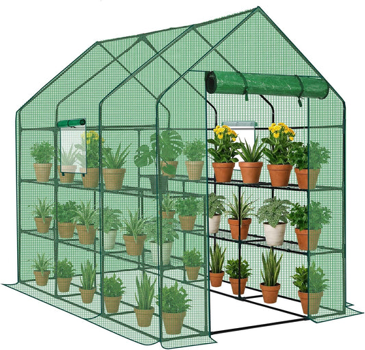 Outvita Walk-in Greenhouse, Outdoor Durable PE Plant Green House for Frost Protection with 3 Tiers 12 Shelves, Shelf Clips, Roll-up Zipper Door, 56"x85"x77" Green