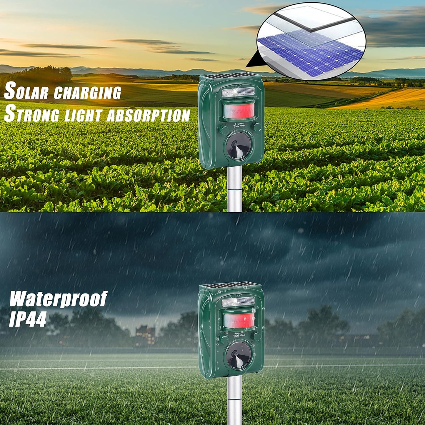 Lulu Home 2 Packs Ultrasonic Animal Repeller, Weatherproof Solar Powered Rodent Repeller with Motion Activated Flashing LED Light, Repel Dogs, Cat, Squirrels, Raccoon, Rabbit, Fox & More