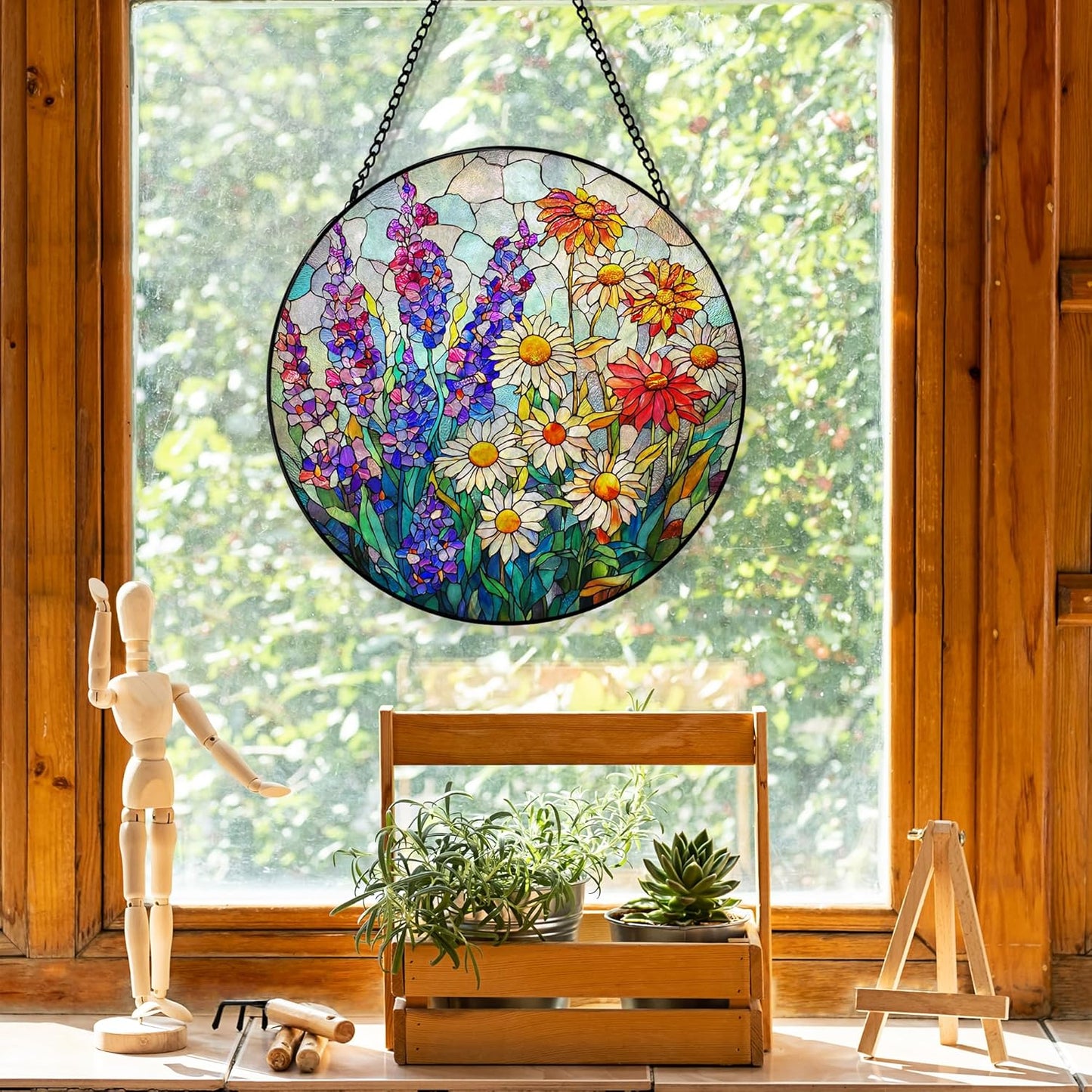 Flower Suncatcher Stained Glass Garden Window Hanging, Cottagecore Wildflower Sun Catchers Indoor Window Glass Round Wall Decor, Floral Botanical Wall Art Hanging Decorations, ＂7.8x7.8＂