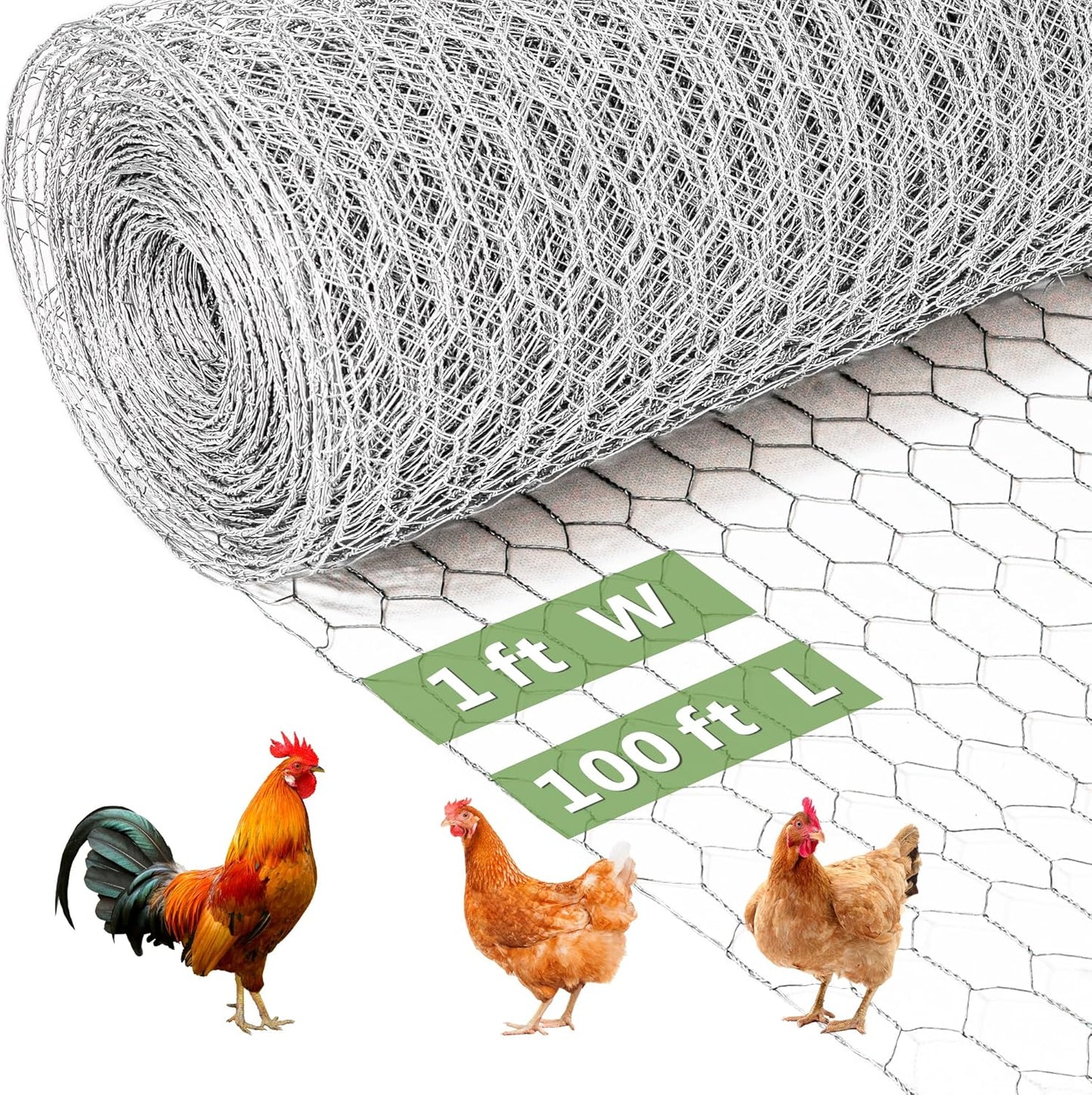 Chicken Wire Fencing Mesh, Galvanized Hexagonal Floral Chicken Wire, Outdoor Anti-Rust Chicken Wire Poultry Netting for Garden Fence (1 ft x 100 ft, Hot-Dipped)