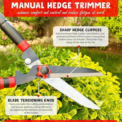 Hedge Shear 15’’-24’’ Extendable Manual Trimmer - Durable Garden Shears for Bushes & Shrubs - Heavy-Duty Gardening Tool for Precise Trimming, Yard Tools for Gardening, Red/Black