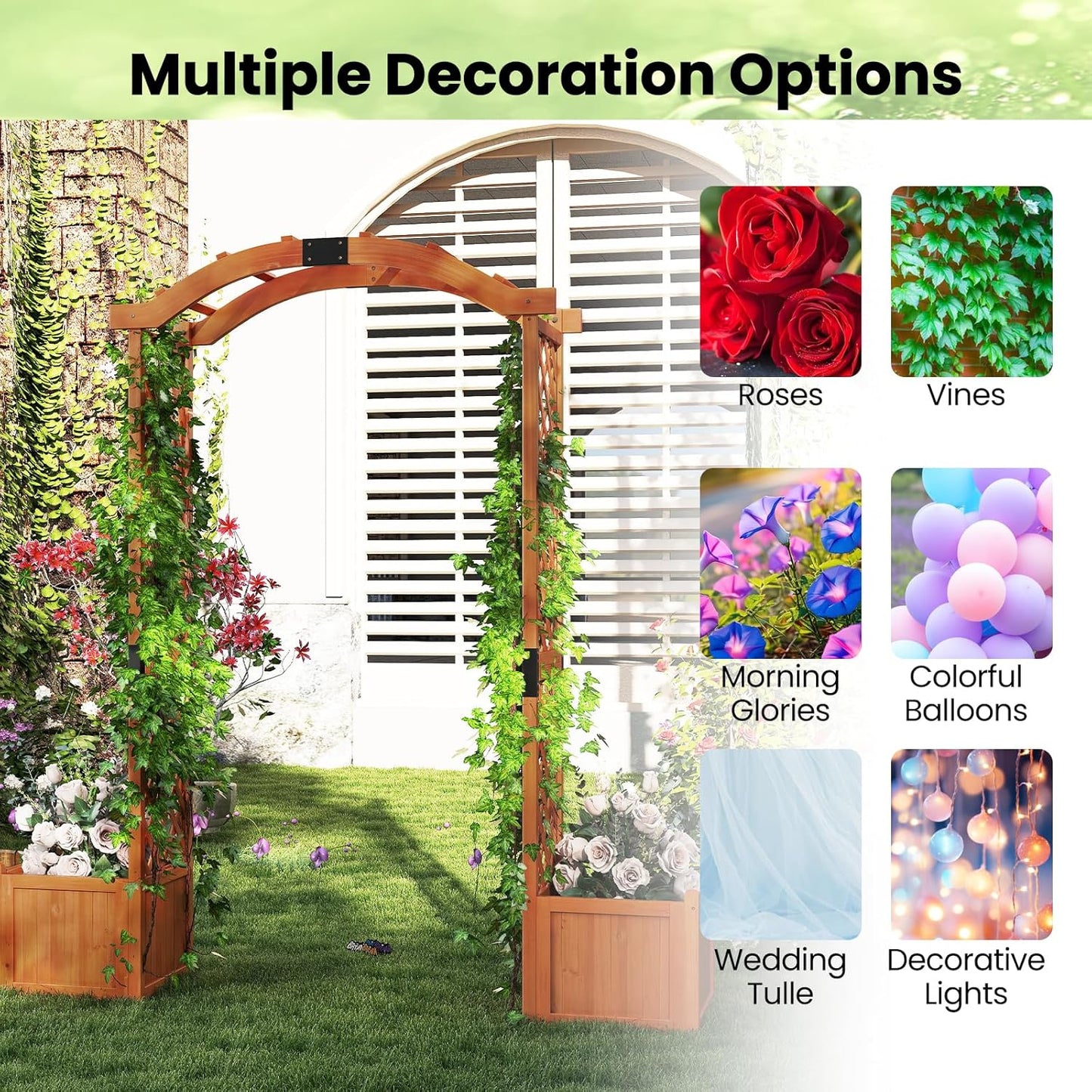 Happygrill Garden Arbor with Planter Boxes, Outdoor Wedding Arch with Trellis for Climbing Plants Vine Vegetables Herbs, Wooden Arbor Archway for Ceremony, Party (Orange)