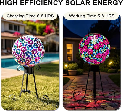 VOREEN Mosaic Solar Glass Gazing Ball, 10" Outdoor Multicolor Gazing Globe, Handmade IP44 Waterproof Garden Decor Sphere for Patio Lawn Yard, Gift for Mom Wife Friend, Heart Flower Design