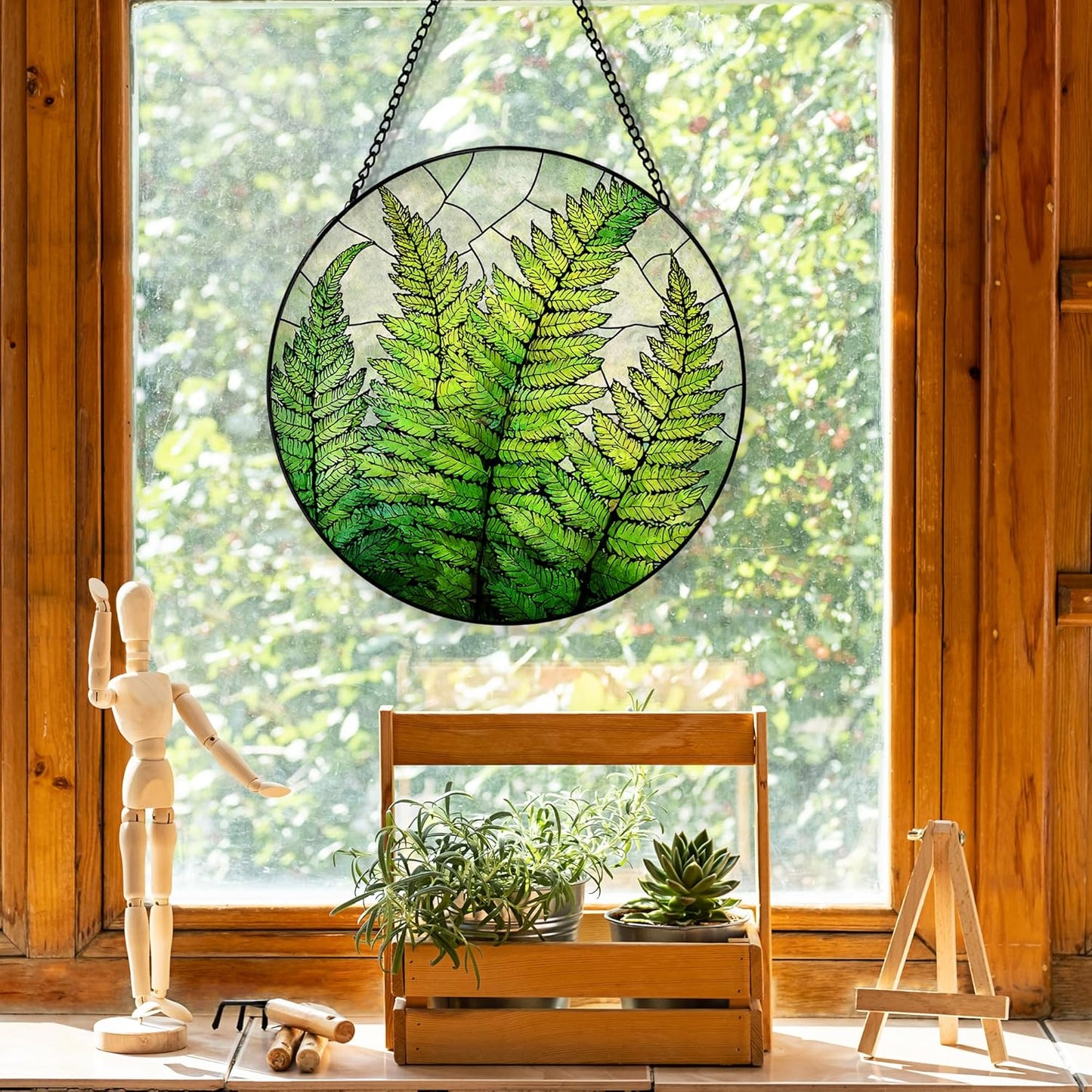 Fern Plant Suncatcher Stained Glass Window Hanging, Plant Lovers Gifts Sun Catchers Indoor Window Glass Round Wall Decor, Fern Plant Botanical Wall Art Hanging Decorations, ＂7.8x7.8＂