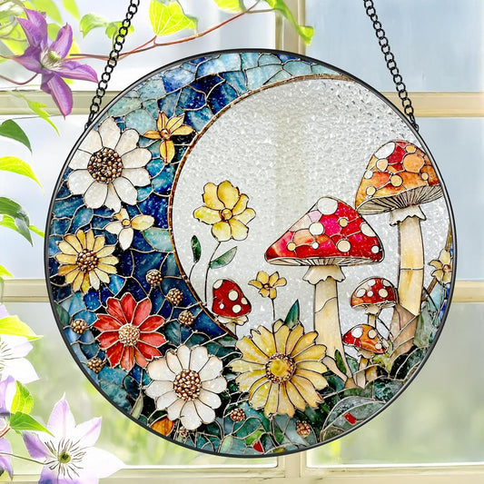 8 Inch Mushroom Suncatcher, Stained Glass Mushrooms Home Decor, Stained Glass Window Hanging, Plant