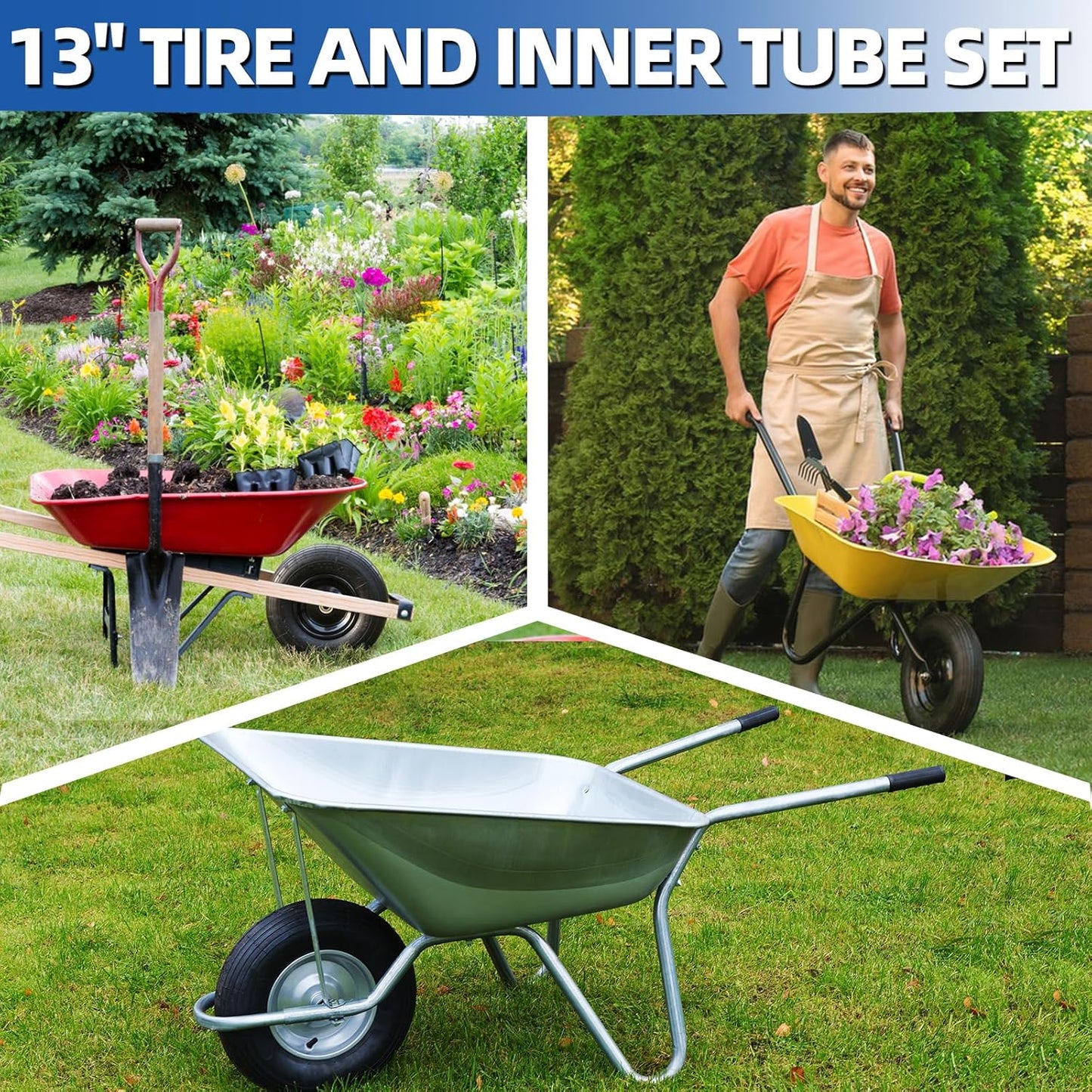 4.00-6 Replacement Tire and Inner Tube Set, 2 Pack, 13" Heavy Duty Tire and Wheel, TR-13 Straight Valve Stem, for wheelbarrow Trolley Dolly Garden Wagon Wheel Replacement