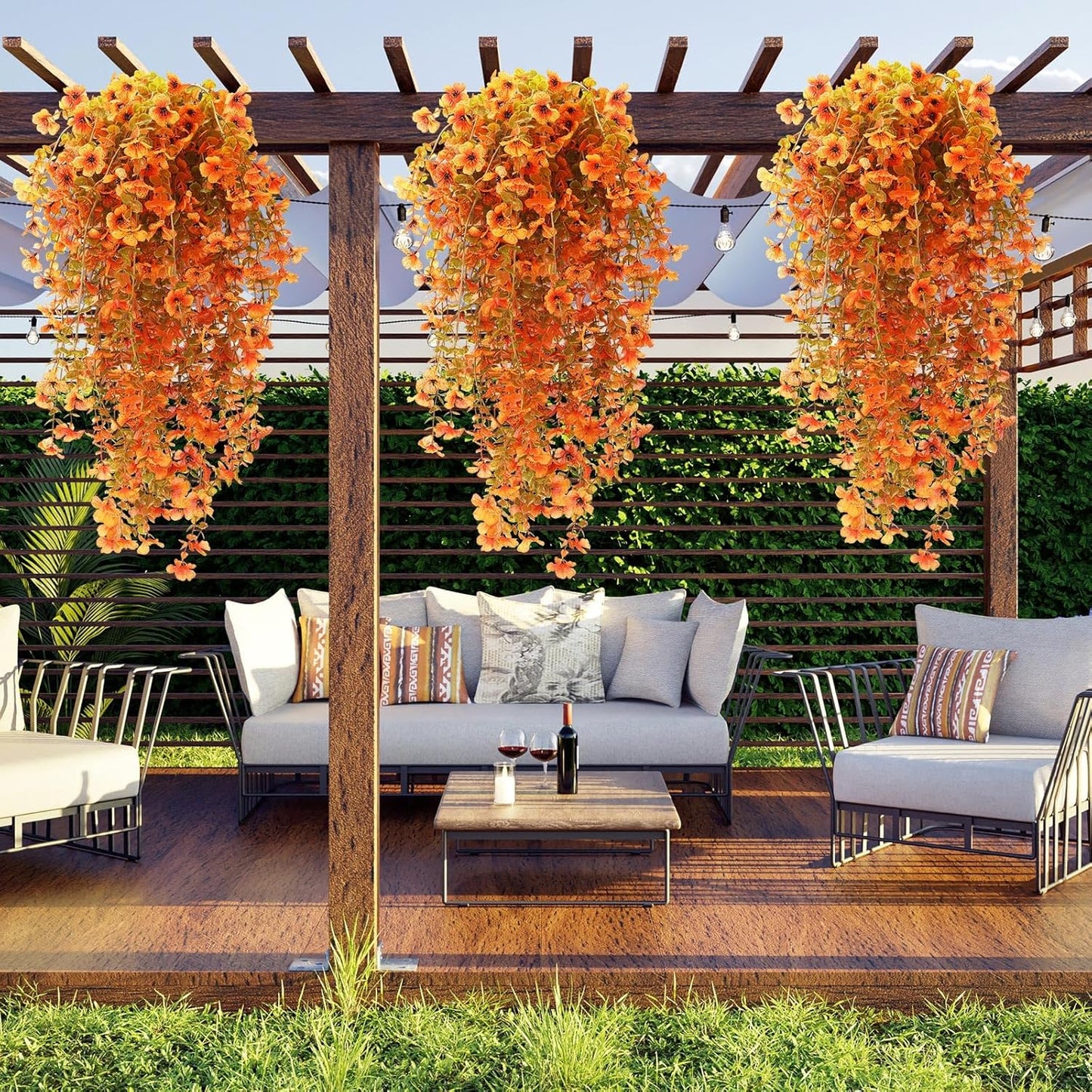 6 Pcs Artificial Fall Hanging Flowers Outdoor Silk Mum Plants Autumn Decor Faux Violet with Eucalyptus Realistic UV Resistant Trailing Vine Thanksgiving Porch Yard(Warm Color,Violet)