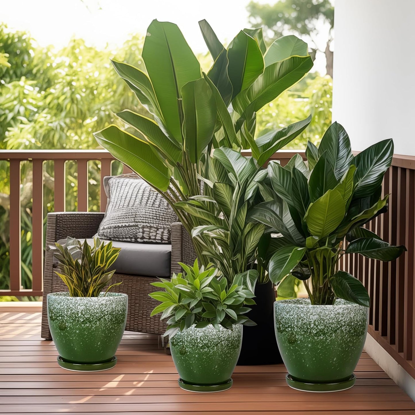 Ceramic Pots for Plants - 8 Inch Planter for Indoor Outdoor Plants, Round Planter, Large Flower Pot with Drainage and Saucer, Home Room Garden Office Decor, Birthday Gifts, Green
