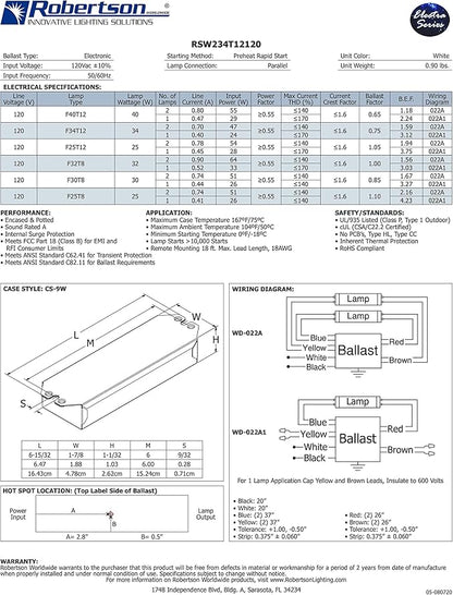 Robertson 2P20132 Quik-Pak of 10 Fluorescent eBallasts for 2 F40T12 Linear Lamps, Preheat Rapid Start, 120Vac, 50-60Hz, Normal Ballast Factor, NPF, Model RSW234T12120 /A