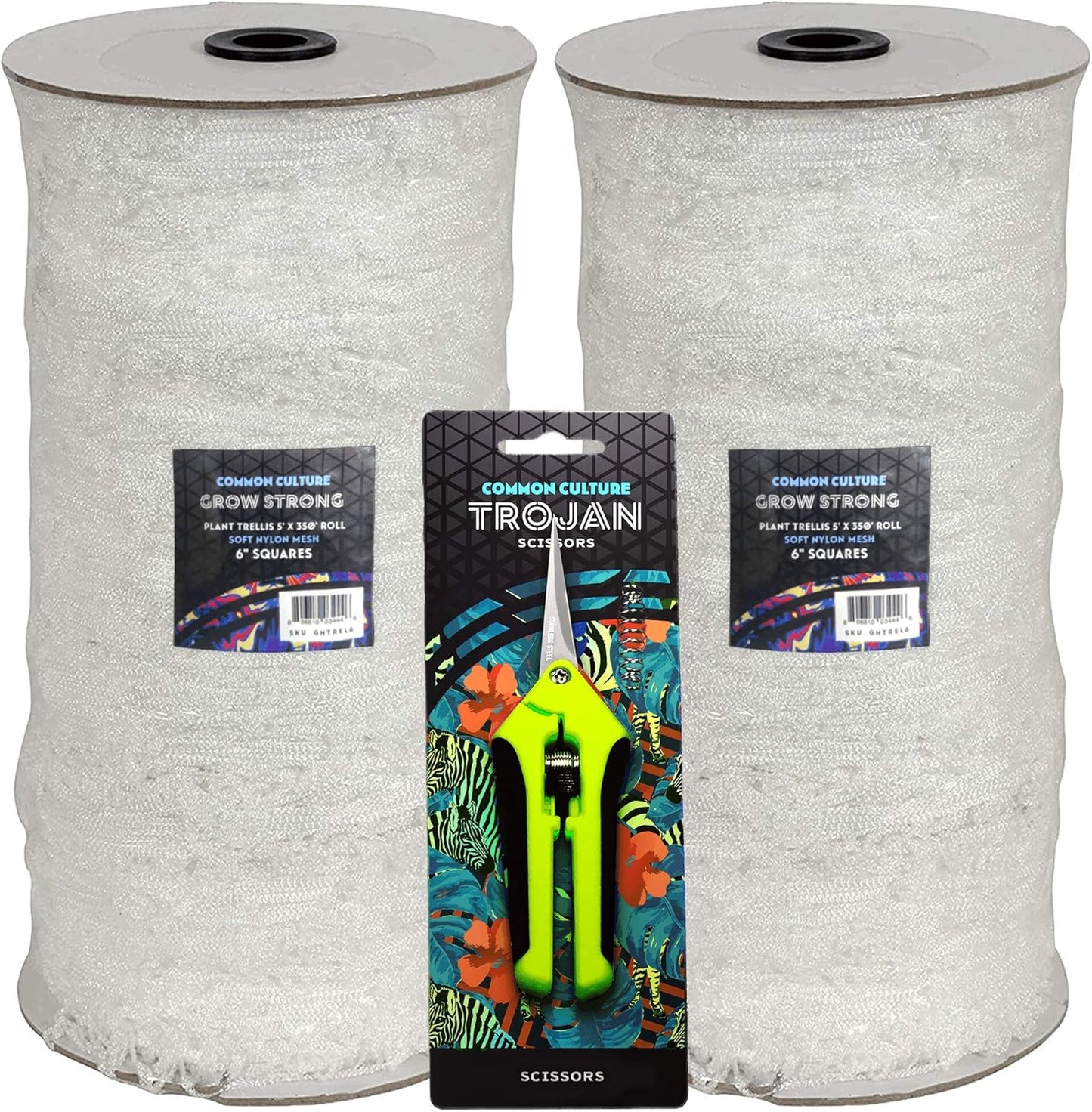 COMMON CULTURE Grow Strong Plant Trellis + Trojan Scissors - 6" Square Soft Mesh Nylon Trellis Netting Bulk Roll - Heavy-Duty Garden Netting for Plants - 5" x 350" - 2 Rolls
