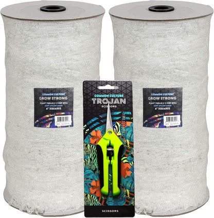 COMMON CULTURE Grow Strong Plant Trellis + Trojan Scissors - 6" Square Soft Mesh Nylon Trellis Netting Bulk Roll - Heavy-Duty Garden Netting for Plants - 5" x 350" - 2 Rolls