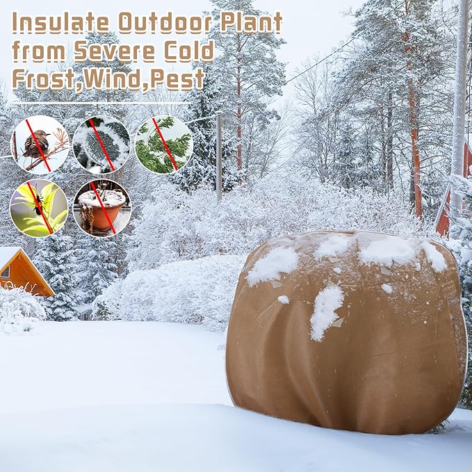 12 Pcs Winter Plant Covers Freeze Protection Reusable Plant Protector Bag with Drawstring Warm Shrubs Cover Frost Protection Planting Jacket Bags for Outdoor Garden, Brown (39.4 x 39.4 Inch)