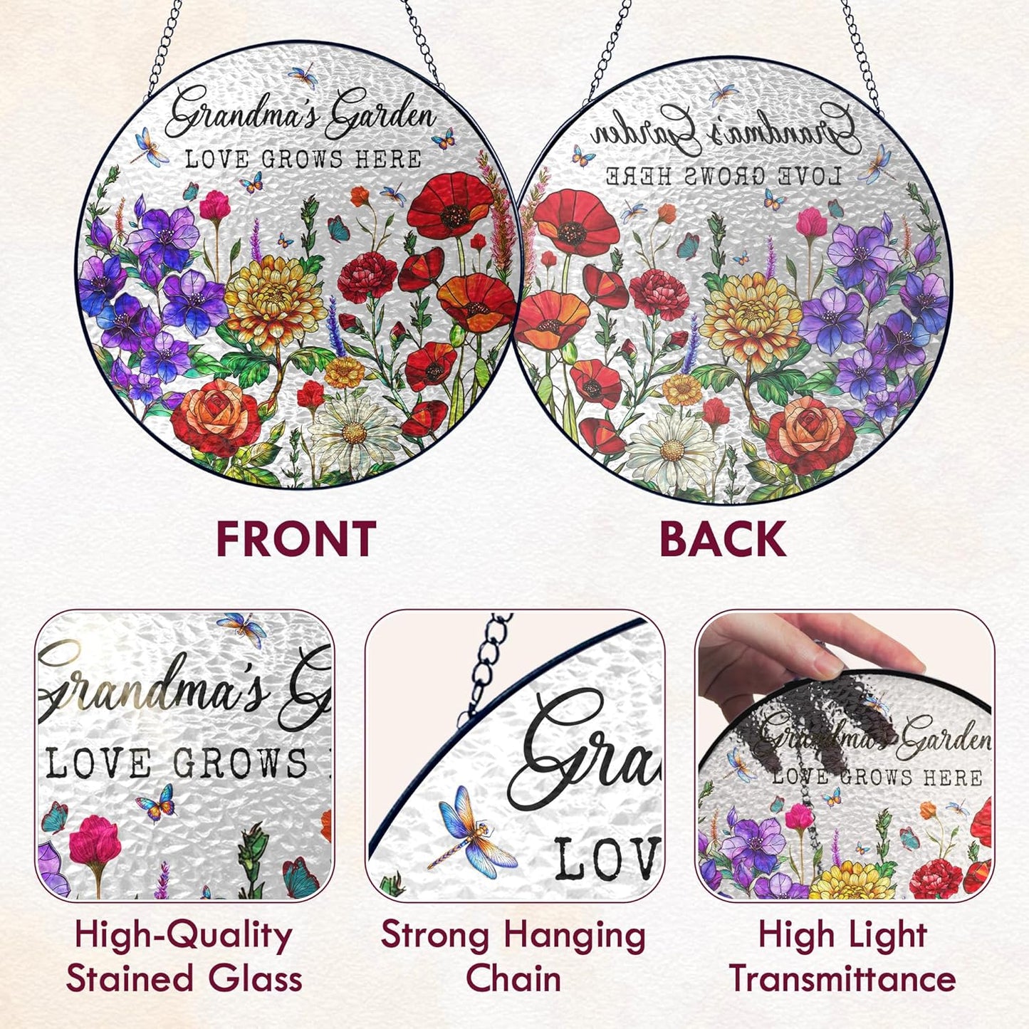 FLAGWIX Christmas Grandma Gifts - Grandmas Garden Stained Glass Window Hanging with Base 8 in - Christmas Decorations Nana Gigi Gifts for Grandma, Sun Catchers Indoor Window for Home Garden Decor
