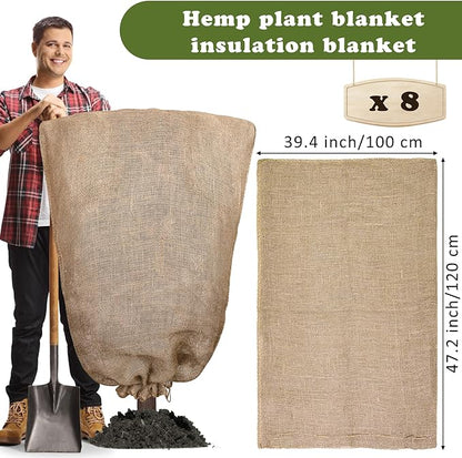 8 Packs Winter Burlap Plant Covers Bags 39.4 x 47.2 Inch Large Burlap Sack Plant Blanket with Drawstring Reusable Warm Plant Frost Cloth Cold Freeze Blanket for Outdoor Fruit Tree Potted Plants
