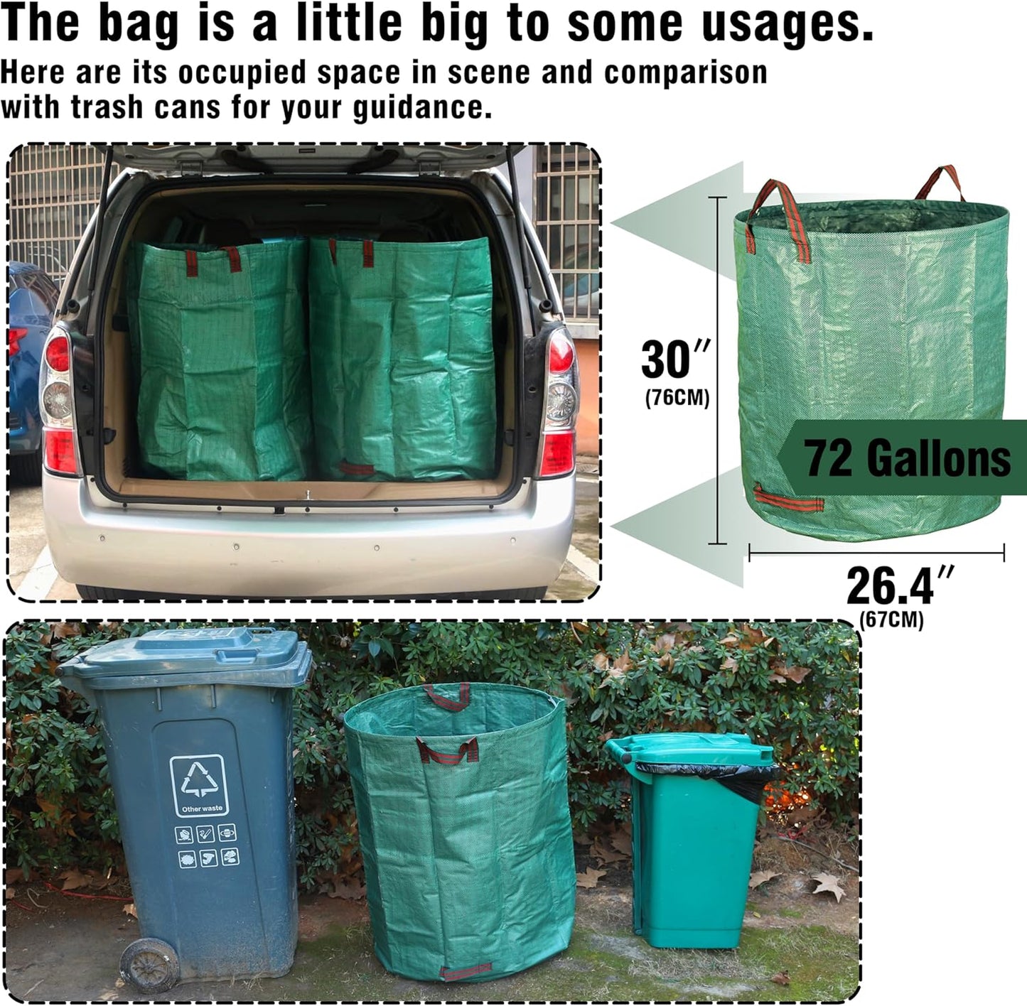 Gardzen 3-Pack 72 Gallon Yard Waste Bags, Reusable Heavy Duty Collapsible Garden Leaf Bags with Plastic Ring, Stand-Up Yard Waste Bin for Leaves, Lawn Debris & Grass Clippings, PE Material