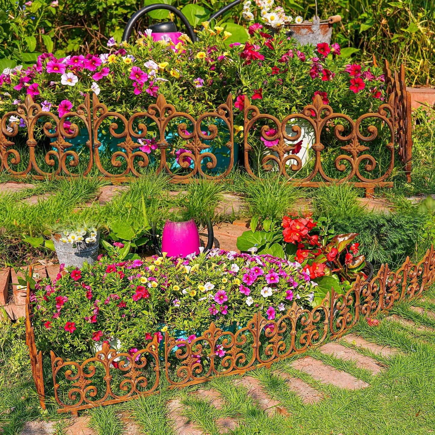 Sungmor Decorative Cast Iron Garden Edging, 4 Pack Full Rusted Victorian Garden Edging Landscape Border, Vintage Metal Yard Stake Low Picket Fence, 10.6" Tall Outdoor Flower Bed Lawn Fence Panels