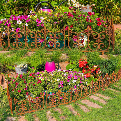 Sungmor Decorative Cast Iron Garden Edging, 4 Pack Full Rusted Victorian Garden Edging Landscape Border, Vintage Metal Yard Stake Low Picket Fence, 10.6" Tall Outdoor Flower Bed Lawn Fence Panels