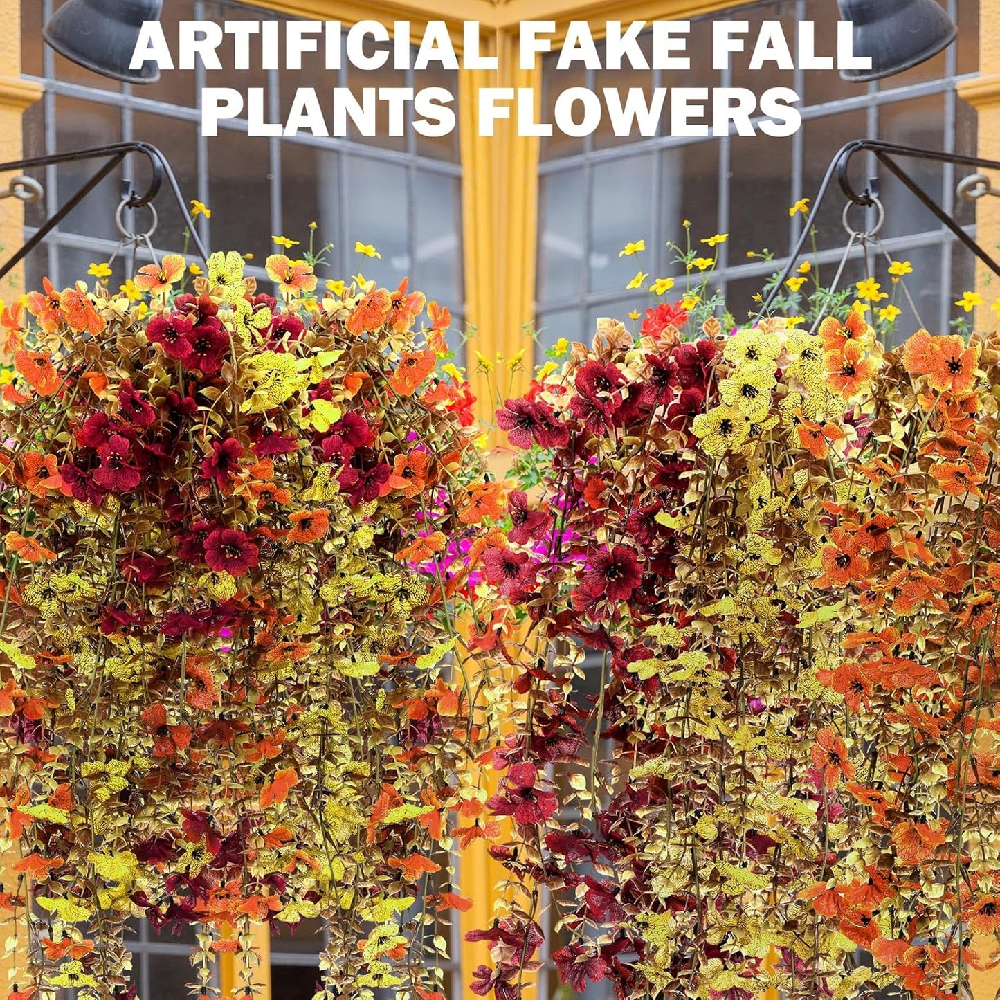 6 Pcs Artificial Fall Hanging Flowers Outdoor Silk Mum Plants Autumn Decor Faux Violet with Eucalyptus Realistic UV Resistant Trailing Vine Thanksgiving Porch Yard(Retro Color,Violet)