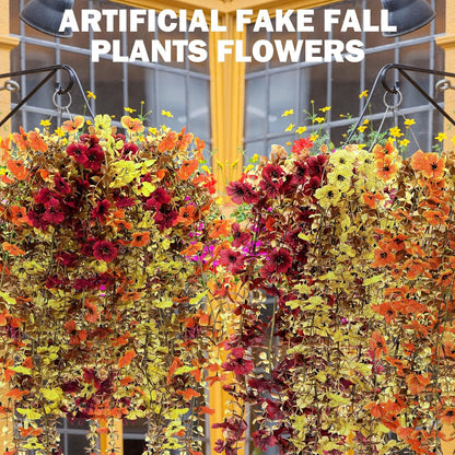 6 Pcs Artificial Fall Hanging Flowers Outdoor Silk Mum Plants Autumn Decor Faux Violet with Eucalyptus Realistic UV Resistant Trailing Vine Thanksgiving Porch Yard(Retro Color,Violet)