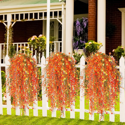 6 Pcs Artificial Fall Hanging Flowers Outdoor Silk Mum Plants Autumn Decor Faux Violet with Eucalyptus Realistic UV Resistant Trailing Vine Thanksgiving Porch Yard(Vivid Color,Eucalyptus)