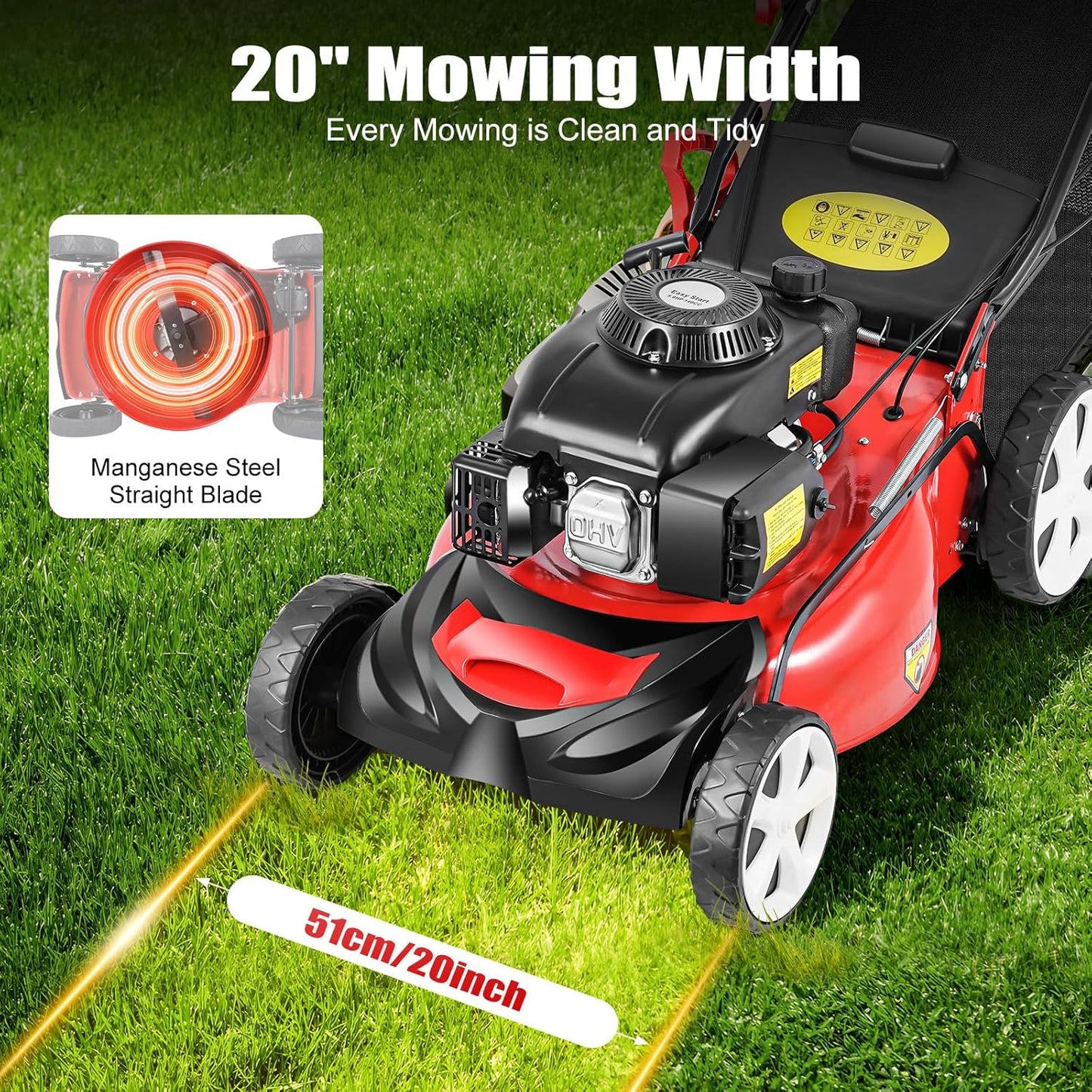 5Hp 4 Stroke Gas Push Lawn Mower, Self-Propelled Gas Powered Lawn Mower with Bagger, 20-inch & 140CC Gas Mower, 8 Adjustable Heights for Small to Medium Sized Yards