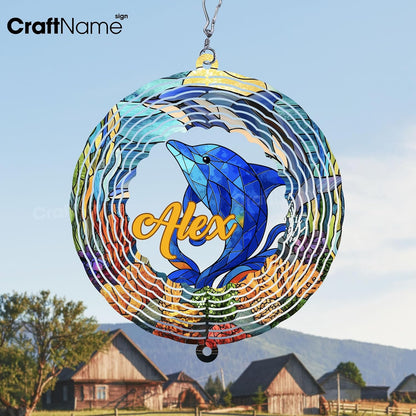 Personalized Dolphin Wind Spinner 3D Stainless Steel, Dolphin Garden Spinner Hanging Outdoor Decor, Wind Spinners Outdoor, Custom Gift for Grandmother, Mom, Wife