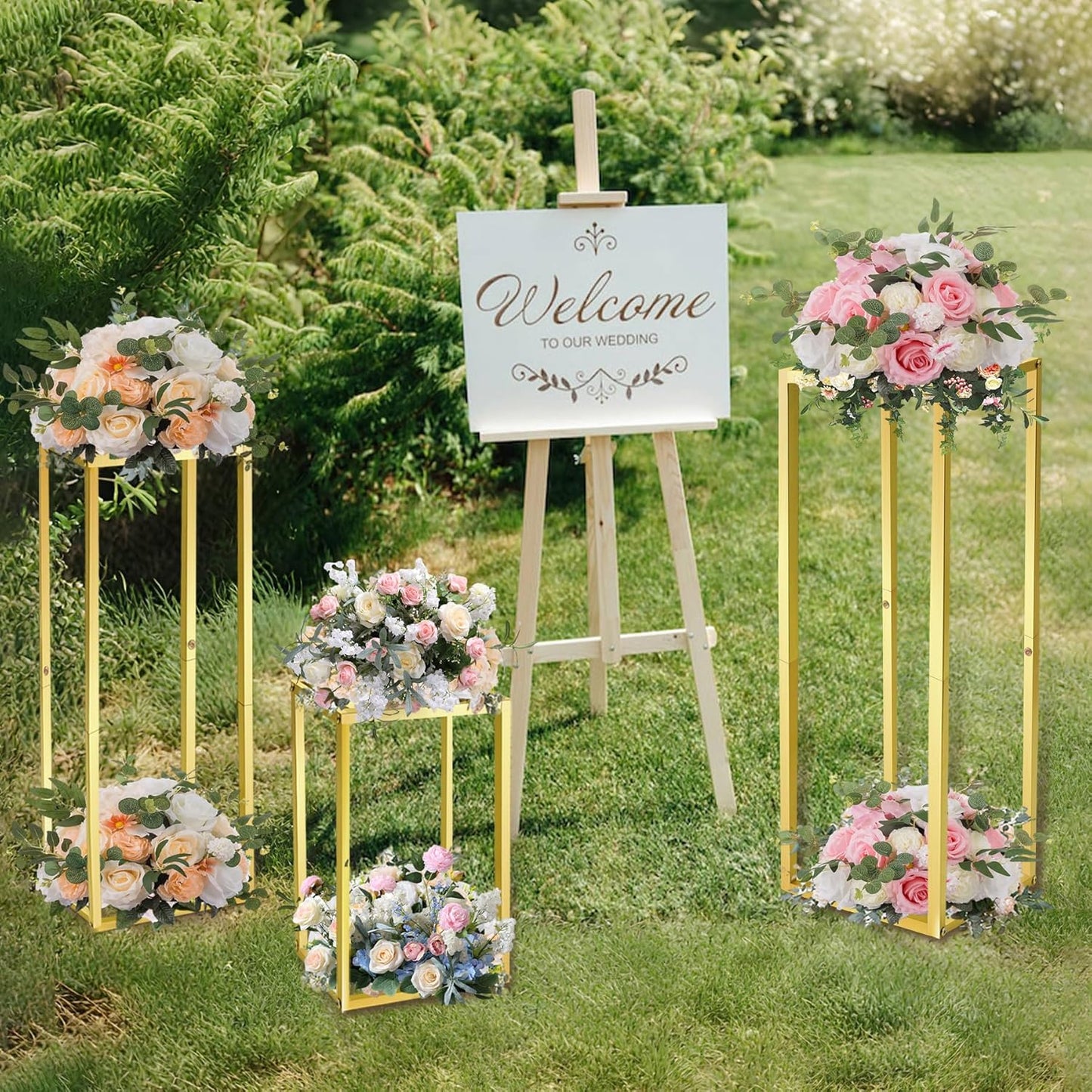 Cylinder Pedestal Stands for Party & Plant,3pcs Square Gold Metal Wedding Flower Display Stand for Centerpieces,15.7/23.6/31.5 inch Tall